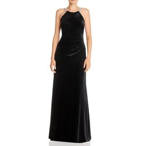 AQUA Formal Velvet Halter Gown Jeweled Straps Pleat Waist, Open Back, Sz 10 NWT